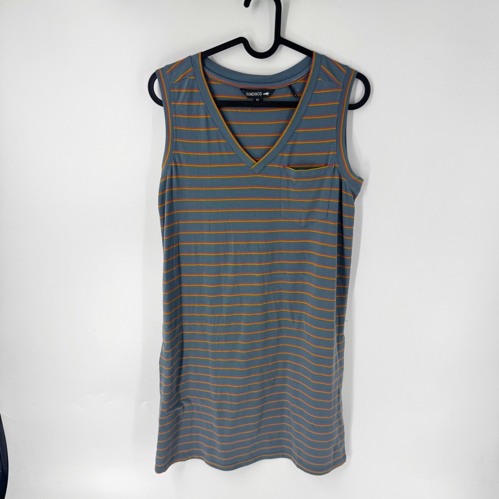 Toad&Co‎ Womens XS Blue Orange Striped V-Neck Sleeveless Pocket Shift Dress